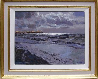David Welsh; Brighton Pier, 2009, Original Painting Oil, 18 x 14 inches. Artwork description: 241  Grey, dark, clouds, strom, dramatic, stormy light,  fun- fare, lights, Palace Pier, West Pier ...