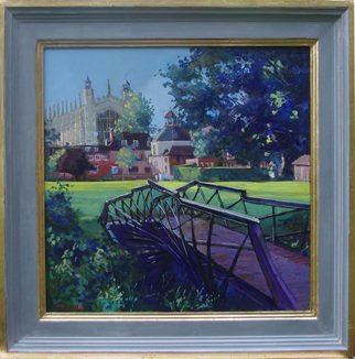 David Welsh; College Chapel From Luxmo..., 2013, Original Painting Oil, 16 x 16 inches. Artwork description: 241  This is the bridge leading to Luxmoores Gardenat Eton College. The Chapel and various College buildings can be seen ahead. ...