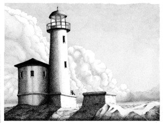 William Ground; Whos Watching Now, 2008, Original Printmaking Giclee - Open Edition, 10 x 8 inches. Artwork description: 241  Stipple of a lighthouse with cloud formations. ...