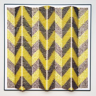 Will Hanlon; Zig Zig Zag, 2011, Original Mosaic, 36 x 36 inches. Artwork description: 241   36 x 36 x 8  5,000 Push- Pins on styrofoam block and foam boardOne zig goes left; one zig goes up and right; the zag drops down left and just may disappear altogether, depending where you stand.  Using a simple 2- color bumble bee palette, ...