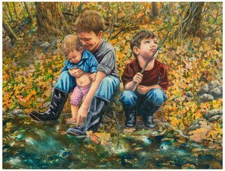 Deborah Wilson; Spring At The Creek, 2015, Original Watercolor, 20 x 15 inches. Artwork description: 241 Portrait of three of my grands playing by the creek. ...