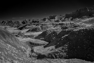 George Wilson; Dry Riverbed, 2016, Original Photography Black and White, 30 x 20 inches. Artwork description: 241   Infrared Black and White Landscape at Yellow Mounds, Badlands National Park, SD - printed on a 116 aluminum sheet and mounted with a metal easel or float mount so they are ready to display as soon as they arrive   ...