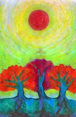 Wojtek Kowalski; Three Suns, 2002, Original Pastel, 21 x 30 cm. Artwork description: 241 colour, energy, joy, naive, nature, primitive, psychedelic, surrealism, symbolism, tree, earth, abstract, magical, sun, sunlight, light, colorful, vibrance, vibrant, warm, different, unusual, creativity, another, lucid, animated, other, very, fantastical, spirited, avesome, intense, vivid, emotion, light...