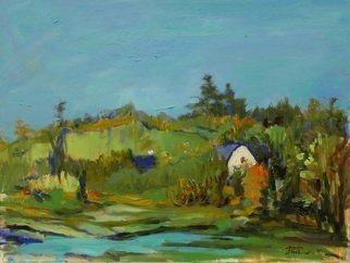 Yuming Zhu; Aquatic Beauty, 2017, Original Painting Oil, 16 x 12 inches. Artwork description: 241 Plein air, oil on canvas, framed and ready to hang.  Lyrical impression.   A patch of water reflects the fresh sky.  Wondering who is working in the barn.  Serene and birds singing in distance.  A scene from Bellevue Park.  Painting from live scene is always challenging and fun.  ...