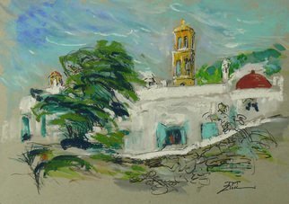 Yuming Zhu; Windy Mykonos, 2018, Original Mixed Media, 7 x 5 inches. Artwork description: 241 The wind tried to blow away the deep lapis from snow white wall.  Green view inspired me to sit in the wind and sketch this mysterious view.  Ink was flowing, and highlighted by heavy strokes of pastel.  It is Urban and natural landscape in combination.  Gold metal ...