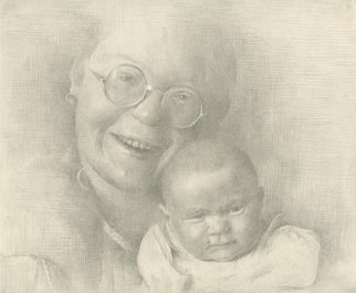 Yuri Yudaev; Marina And Verka, 1983, Original Drawing Pencil, 9.5 x 7.9 inches. Artwork description: 241  1983, graphite pencil on paper; 6. 3 X 7. 9 in. ( 16. 0 X 20. 0 cm) Yuri Yudaev, racei, Domodedovo, woman, mother, daughter, child, little girl, graphite pencil, drawing, portrait, photorealism, hyperrealism, joy ...