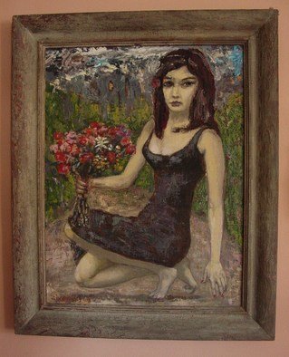Dana Zivanovits; FLOWER GIRL, 2002, Original Painting Oil, 22 x 29 inches. Artwork description: 241    This painting was done in oil on linen mounted to panel to support the heavy and richly painted surface. Painting is framed in an wood gesso antique frame. Painting itself measures 22 x 29 and with frame 29 x 35    ...