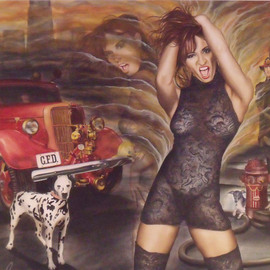 Bryan Kemila: 'great chicago fire new price', 2006 Acrylic Painting, Fantasy. Artist Description: Firetruck is ready and waiting to blow its load.  The dogs wait in the puddles and longing to be at her side.  The spotted dog is the creature that holds his lust. .  It s for his lady when she wants to suck things.  A fireman is all wrapped ...