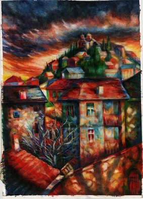 Ivan Serbezov: 'The Sunset Houses', 2006 Pastel, Landscape. pastel on paper;a sunset landscape at the Balkans...