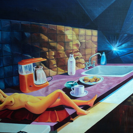 Alejandro Del Valle: 'memories in the kitchen', 1999 Acrylic Painting, Surrealism. Artist Description:   nude, woman, cliff, beach, kitchen, cofee machine, cup of tea, cookies, kitchen   ...