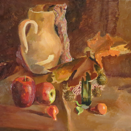 Alexander Filippovich: 'still life with apples', 2016 Oil Painting, Still Life. Artist Description: Still life, apples, jug, table, leaves, autumn, glass...