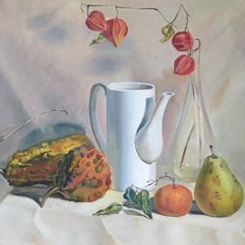 Alexander Filippovich: 'still life with pumpkins', 2017 Oil Painting, Still Life. Artist Description: pumpkins, table, pears, glass, physalis, still life, drappery...