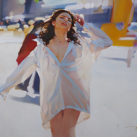 Alexey Chernigin: 'spring', 2016 Oil Painting, Figurative. Artist Description: Girl, white shirt, street, sun, spring, naked, city...