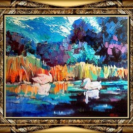 Alexander Ottmar: 'swans lake', 2018 Oil Painting, Landscape. Artist Description:  Nice paint for all rooms, land scene with birds and water.  Give a gift or recommend it to art collectors, impressionist vision ...