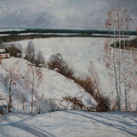 Alexander Bezrodnykh: 'february', 2019 Oil Painting, Landscape. Artist Description: oil on canvas. the river.Coast.winter.trees. sunny day. ...