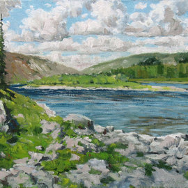 Alexander Bezrodnykh: 'river mountain34x44', 2015 Oil Painting, Landscape. Artist Description: River, Mountain, summer...