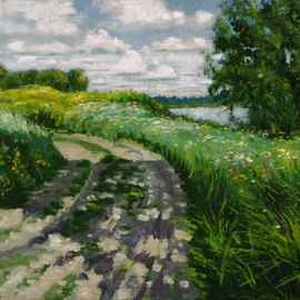 Alexander Bezrodnykh: 'road lake', 2017 Oil Painting, Landscape. Artist Description: road, lake, Russia, summer...