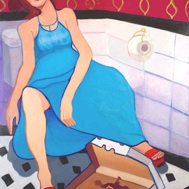 Alice Murdoch: 'SECRET RENDEZVOUS', 2011 Oil Painting, Figurative. Artist Description:     Woman with pizza                               ...