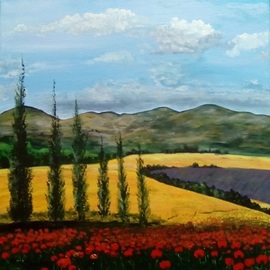 Alina Savko: 'poppies', 2018 Acrylic Painting, Landscape. Artist Description: I was inspired by the beauty of Italian fields with lovely trees and hills. ...