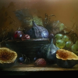 Aleksandr  Koss: 'figs', 2022 Oil Painting, Still Life. Artist Description: The still life consists of ordinary household items, typical both for our time and for more ancient eras. Made in the technique of the old Flemish masters using imprimatura umber and glazing. The canvas is covered with matte dammar varnish and stretched on a wooden stretcher. ...