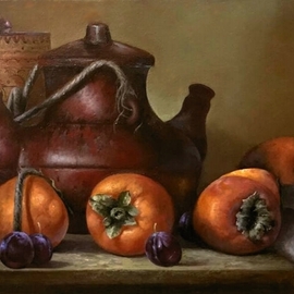 Aleksandr  Koss: 'persimmon', 2022 Oil Painting, Still Life. Artist Description: The still life consists of ordinary household items, typical both for our time and for more ancient eras. Made in the technique of the old Flemish masters using imprimatura umber and glazing. The canvas is covered with matte dammar varnish and stretched on a wooden stretcher. ...