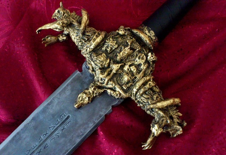 Angel Piangelo : 'DARK LEGACY Sword SCULPTED GOLD 22k', 2016 Steel Sculpture, Fantasy. SCULPTED ORIGINAL SWORD by Angel P. - GOLD PLATED 22k - REAL SWORD - UNIQUE in whole WORLD === A REAL ARTWORK GEM - DARK MEDIEVAL FANTASY ART - BREATHTAKING - SHOCKING - FANTASTIC - UNBELIEVABLE There is NO ONE else in recent History that has made a real SCULPTED SWORD and probably NO ONE else can make such ...