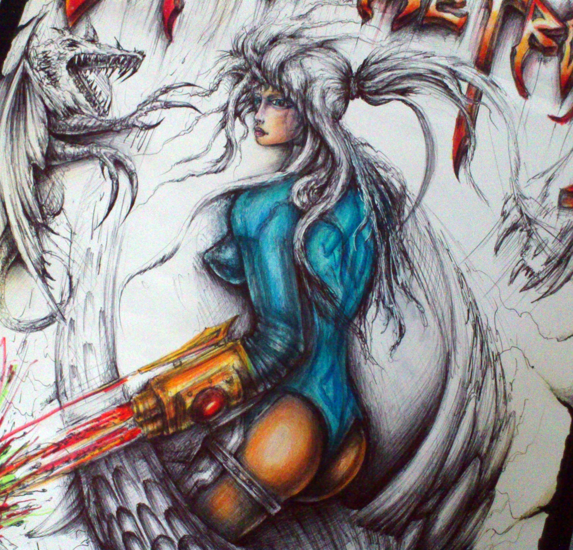 Angel Piangelo : 'SUPER METROID SAMUS HOT EDIT', 2017 Other Painting, Fantasy. Drawing Painting - mixed Technique with color pencils markers Permanent black Pens - FANTASY HOT SEXY - Theme inspired from the A<< MetroidA>> video Game series mostly the A<< Super MetroidA>> Game of the SNES console - a black wooden Frame is included, which means that the Artwork is ready for the wall - ORIGINAL Angel P.  ...