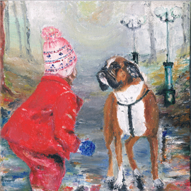 Marina Kalabukhov Artwork child with a dog in autumn park, 2015 Oil Painting, Children