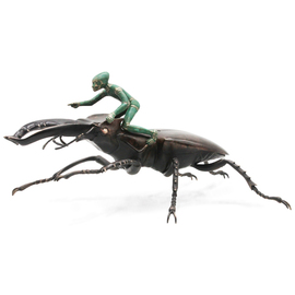 Anne Pierce: 'stag beetle with rider', 2021 Bronze Sculpture, Abstract Figurative. Artist Description: Stag beetles make formidable competitors in the annual Insect Race  IR  and have taken first prize in this contest more than any other beetle participants. It is debatable whether the success rate is significantly improved when accompanied by humanoid riders as there have been an equal number of ...