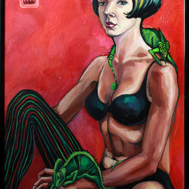 Anna Reztsova: 'mademoiselle with chameleons', 2005 Oil Painting, Portrait. Artist Description: gerl, chameleon, animal, women...