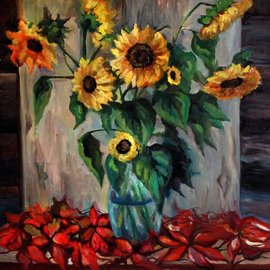 Anna Reztsova: 'my dear vincent', 2015 Oil Painting, Still Life. Artist Description: sun flowers, red...
