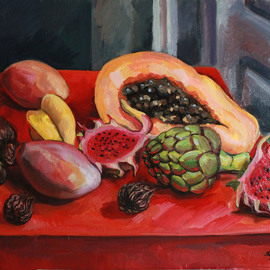 Anna Reztsova: 'still life with artishok', 2014 Oil Painting, Still Life. Artist Description: spanish , fruts, red...
