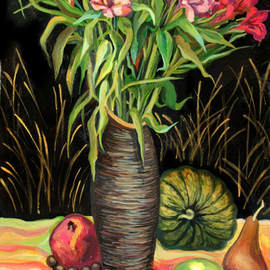 Anna Reztsova: 'still life with shy pears', 2012 Oil Painting, Still Life. Artist Description: pear, flowers, black...