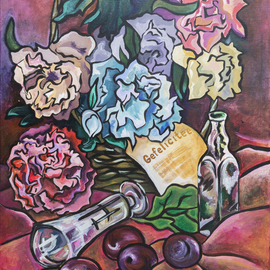 Ariadna De Raadt: 'celebration flowers', 2006 Acrylic Painting, Still Life. Artist Description:  painting of still life home objects by acrylic om canvas, Ready to hung   behind a hanger  . Flowers, plums and a postcard in dutch  Congratulations  Acrylic, Contemporary painting, Canvas, Home, Still life, still life, home, kitchen, flowers, postcard, plums, dutch, holiday, celebration, bottle, wine glass, bouquet, congratulation ...