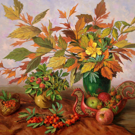Arkady Zrazhevsky: 'Still Life with a dogrose', 2007 Oil Painting, Still Life. Artist Description:  Apples, autumn leaves, hohloma, leaves, autumn leaves, flowers, a bouquet, a cloth, a dogrose ...