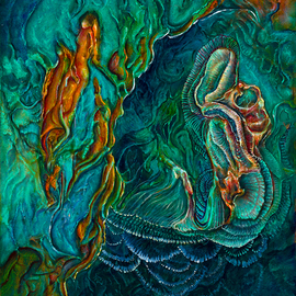 Sean Lyons: 'the viridian hourglass', 2017 Oil Painting, Abstract Figurative. Artist Description: This painting was inspired from meditatating and recreating reflections from a green glass bottle. One of the forms to evolve reminded me of the hourglass figure made popular in the fifties through Marilyn Monroe. Hence the swirling flow of white garments and the title of the painting. Oil ...