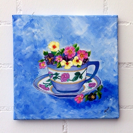 Amans Honigsperger: 'Tea cup with pansies', 2013 Acrylic Painting, Still Life. Artist Description: A bit of kitsch for the lovers of a fine cuppa ...
