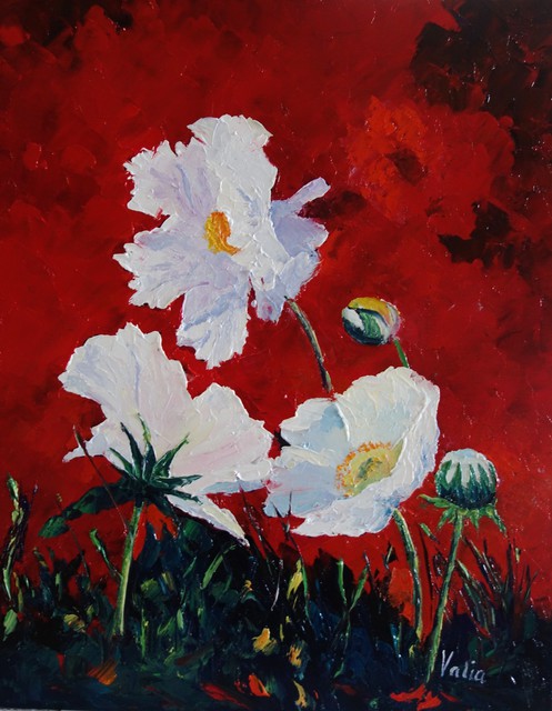Valerie Curtiss  'White On Red, Poppies', created in 2015, Original Pastel Oil.