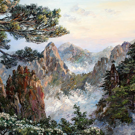 Artemis  Artists Association: 'huangshan', 2016 Oil Painting, Landscape. Artist Description: China, mountains, dawn, fog, rock, wildlife, sunrise, summer, chinese landscape, mountain range, mountain landscape, pines...