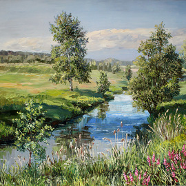 Artemis  Artists Association: 'landscape with a river', 2015 Oil Painting, Landscape. Artist Description: birch, forest, trees, flowers, meadow, field, shore, summer, air, sun, space...