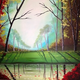 Aisha Haider: 'the beauty of autumn', 2019 Acrylic Painting, Landscape. Artist Description: A large stunning beautiful painting full of colour, light and vibrancy. Truly depicting the natural beauty. The leaves are textured to give them a 3d feel. The painting continues over the sides so it may be hung without a frame and has been varnished with gloss for protection. ...