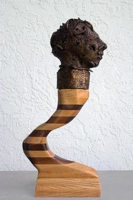 Stephanie Grimes: 'Protoaddiction', 2005 Mixed Media Sculpture, Figurative. The bronze head of this award winning sculpture sits on a two- toned, curved wooden 