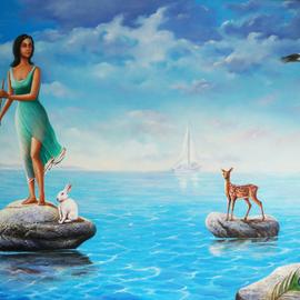 Sabir Haque: 'sea voyage', 2016 Acrylic Painting, Surrealism. Artist Description: Eternal quest for her beloved, who has forsaken her, creatures like deer , rabbit, bird etc sympathies her. ...