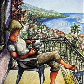 Austen Pinkerton: 'Hilary at Kalkan', 2010 Acrylic Painting, Portrait. Artist Description:  Image of Hilary, sitting reading, on a balcony with wrought iron railings, with flowers behind her head, and, in the background, a view of the town and across the bay. ...