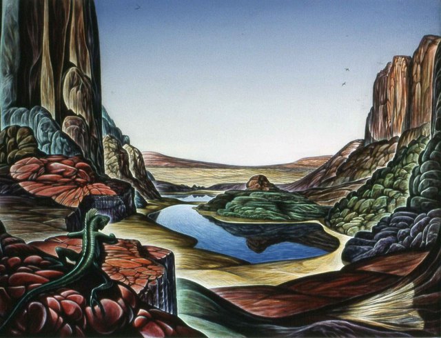 Artist Austen Pinkerton. 'Lizard In A Desert Landscape' Artwork Image, Created in 1983, Original Painting Ink. #art #artist