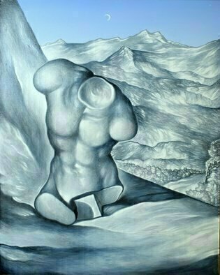 Austen Pinkerton: 'study in grey and blue', 2020 Acrylic Painting, Still Life. Stll life of resin casting of copy of antique sculpture. On table with mountainous landscape in background. ...