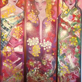 Suzette Dyson: 'eastern bliss', 2018 Acrylic Painting, Abstract Figurative. Artist Description: triptych of three long panels, very bright and expressive, painterlyacrylic on board, boxed for presentation...