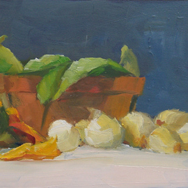 Susan Barnes: 'Peas and Onions', 2008 Oil Painting, Still Life. Artist Description:  Oil on mat board, 6 1/ 4 x 12 1/ 8 inches ...