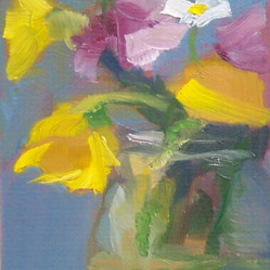 Susan Barnes: 'Purple and Yellow Flowers', 2008 Oil Painting, Still Life. Artist Description:  Oil on mat board, 9 3/ 8 x 3 3/ 4 inches ...