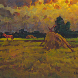 Sergey Belikov: 'red horse', 1981 Oil Painting, Landscape. Artist Description: Original oil painting on canvas, landscape in impressionistic style with the view of red horse on the meadow...